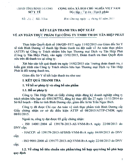 Bình[-]Dương:[-]Kết[-]luận[-]thanh[-]tra[-]vệ[-]sinh[-]thực[-]phẩm[-]tại[-]Tân[-]Hiệp[-]Phát[-]chỉ[-]sau...[-]1[-]ngày